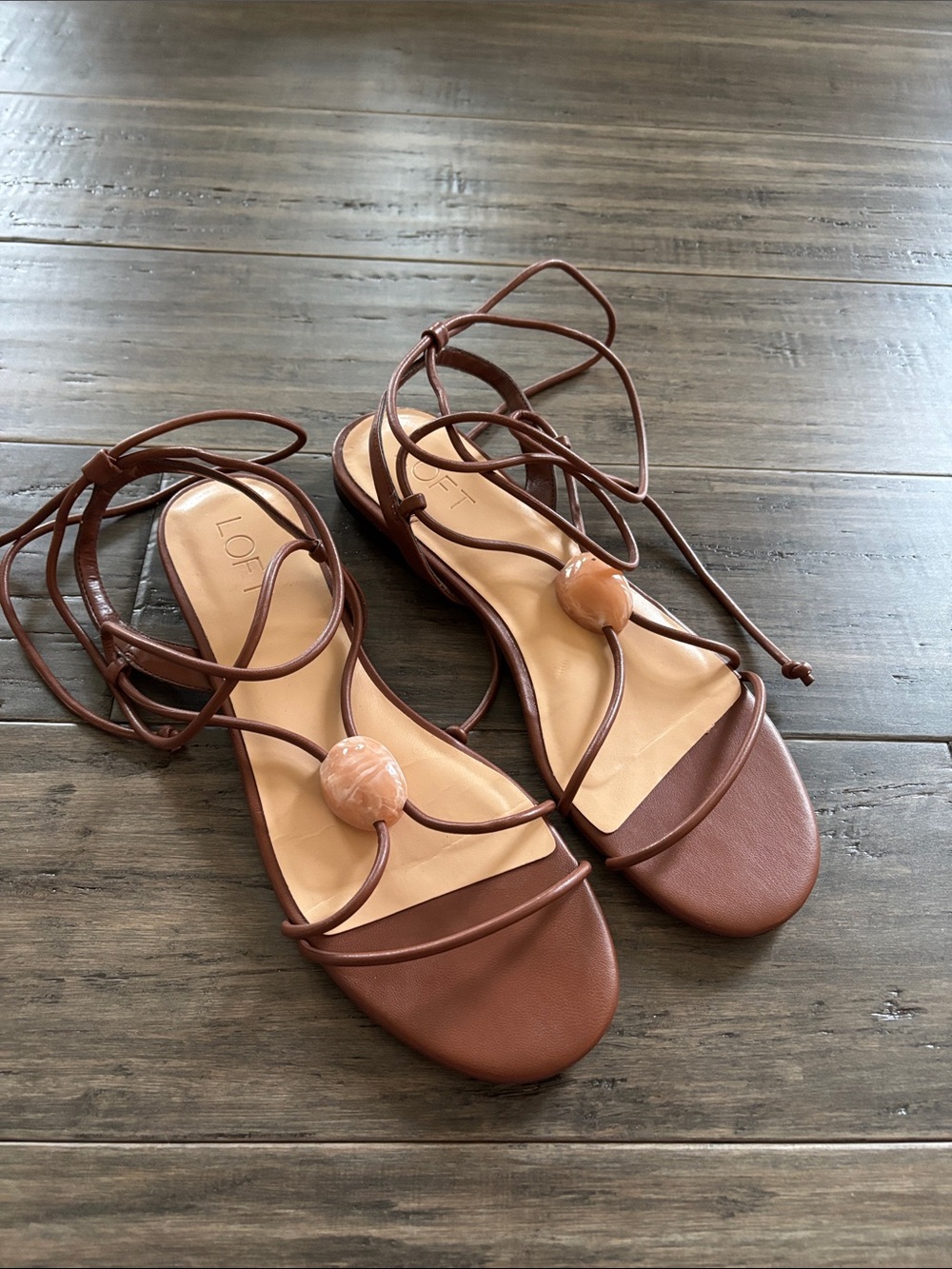 LOFT Tan Lace-Up Sandals with Bead Accent